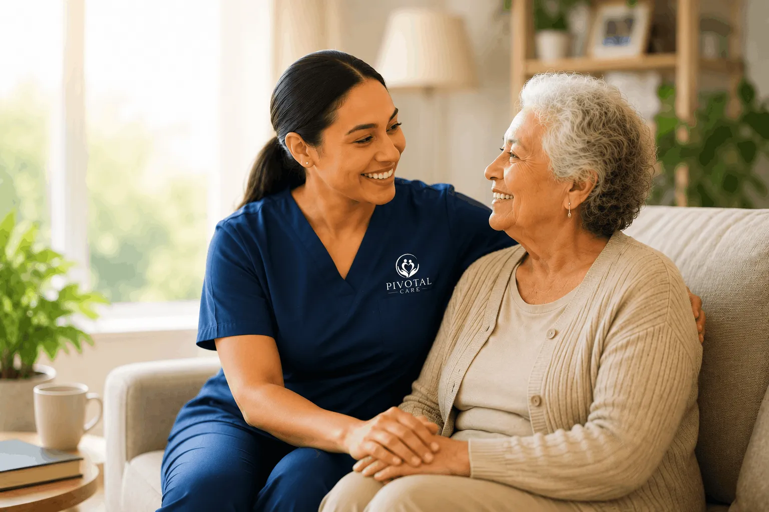 A Pivotal Care carer sitting with an older client in their home, sharing a moment of connection in natural light