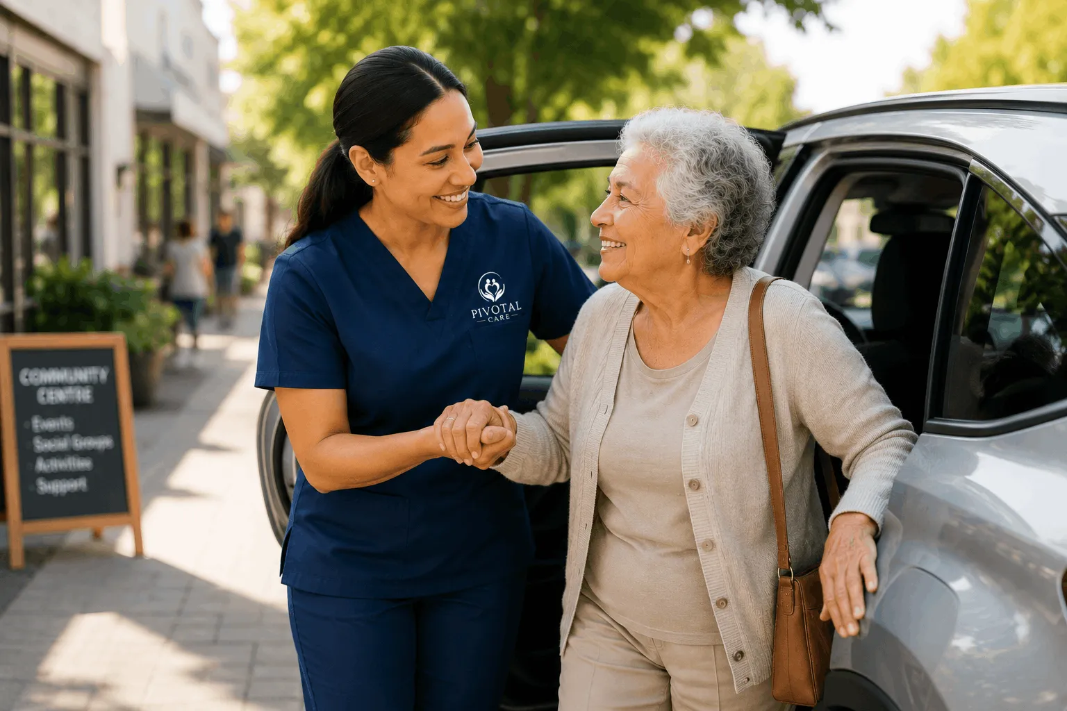 A carer and older adult walking together outdoors in the community