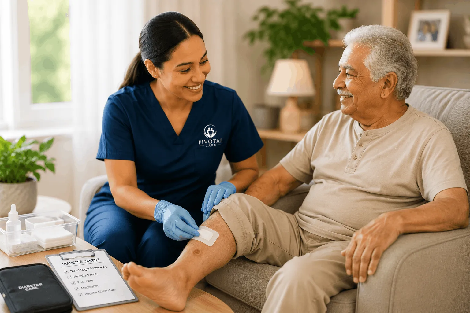 A nurse carefully attending to wound care for a patient at home